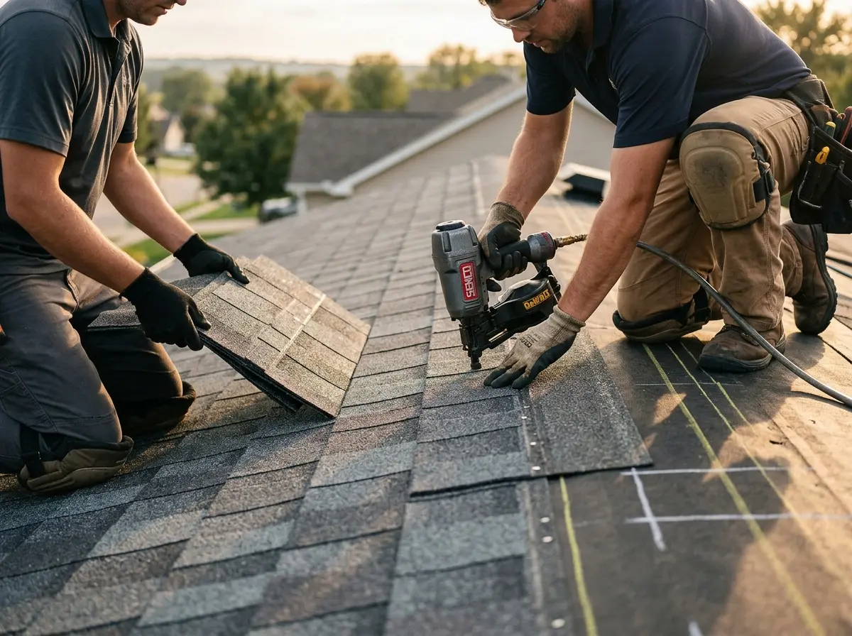Professional roofer working on a residential roof in Redland